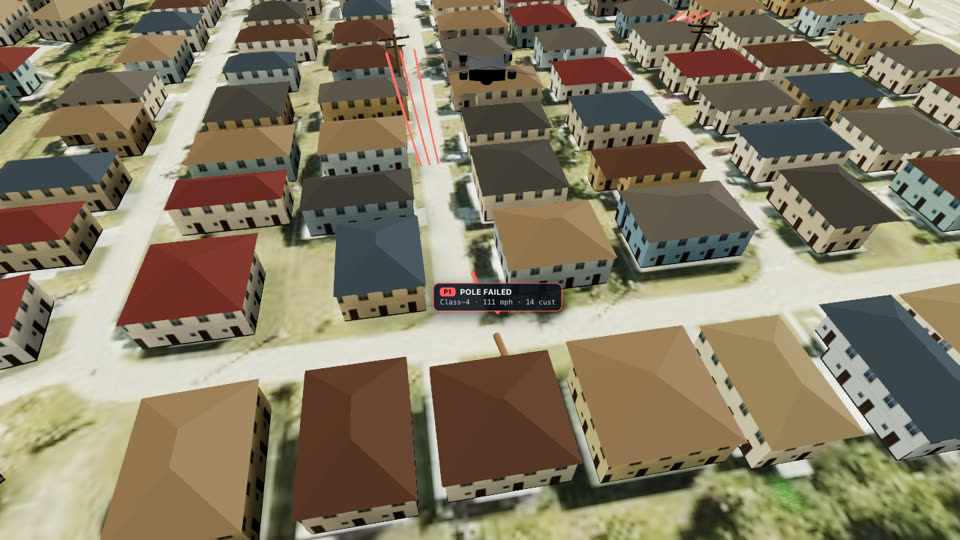 Autonomous drone over a 3D grid twin flagging a downed power pole as storm damage